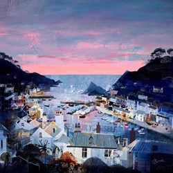 Dusk Over Polperro by Tom Butler - Original Collage on Board sized 30x30 inches. Available from Whitewall Galleries